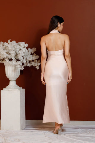 CELESTE HALTER RUCHED EVENING DRESS