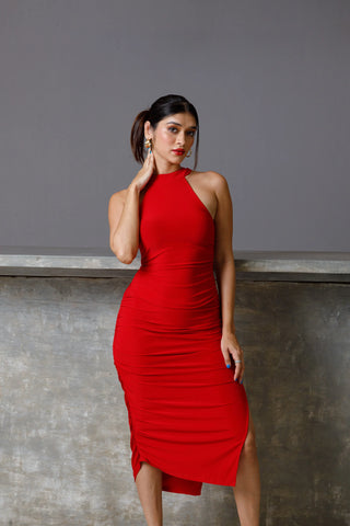 SCARLET EMBRACE RUCHED MIDI DRESS