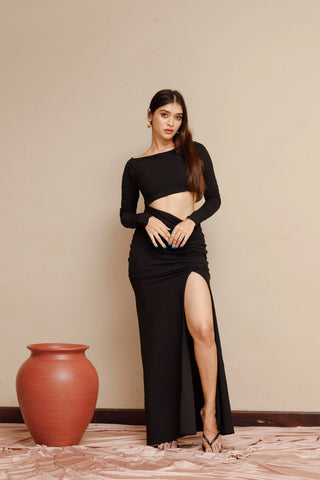 AMARA NOIR LUXE SLIT DRESS